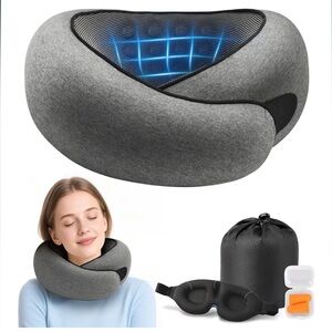 Gray Travel Neck Pillow with Eye Mask and earlyps in bag